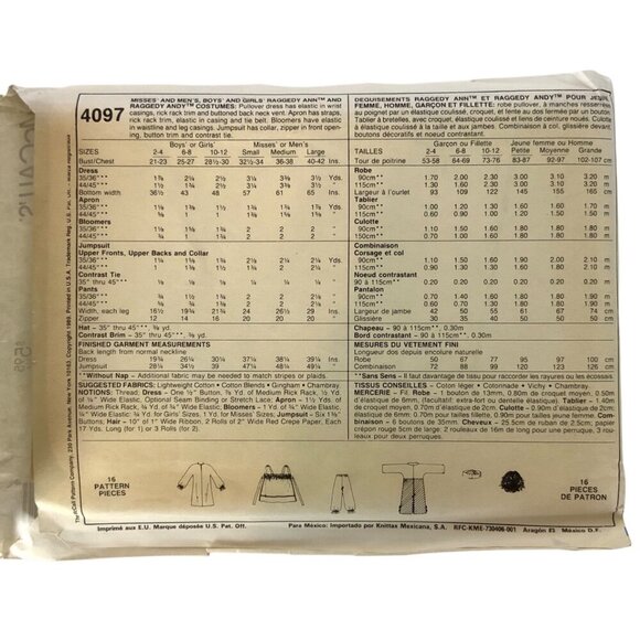 McCalls 4097 Raggedy Ann & Andy Costume Sewing Pattern Adult Large 1989 - Picture 2 of 3